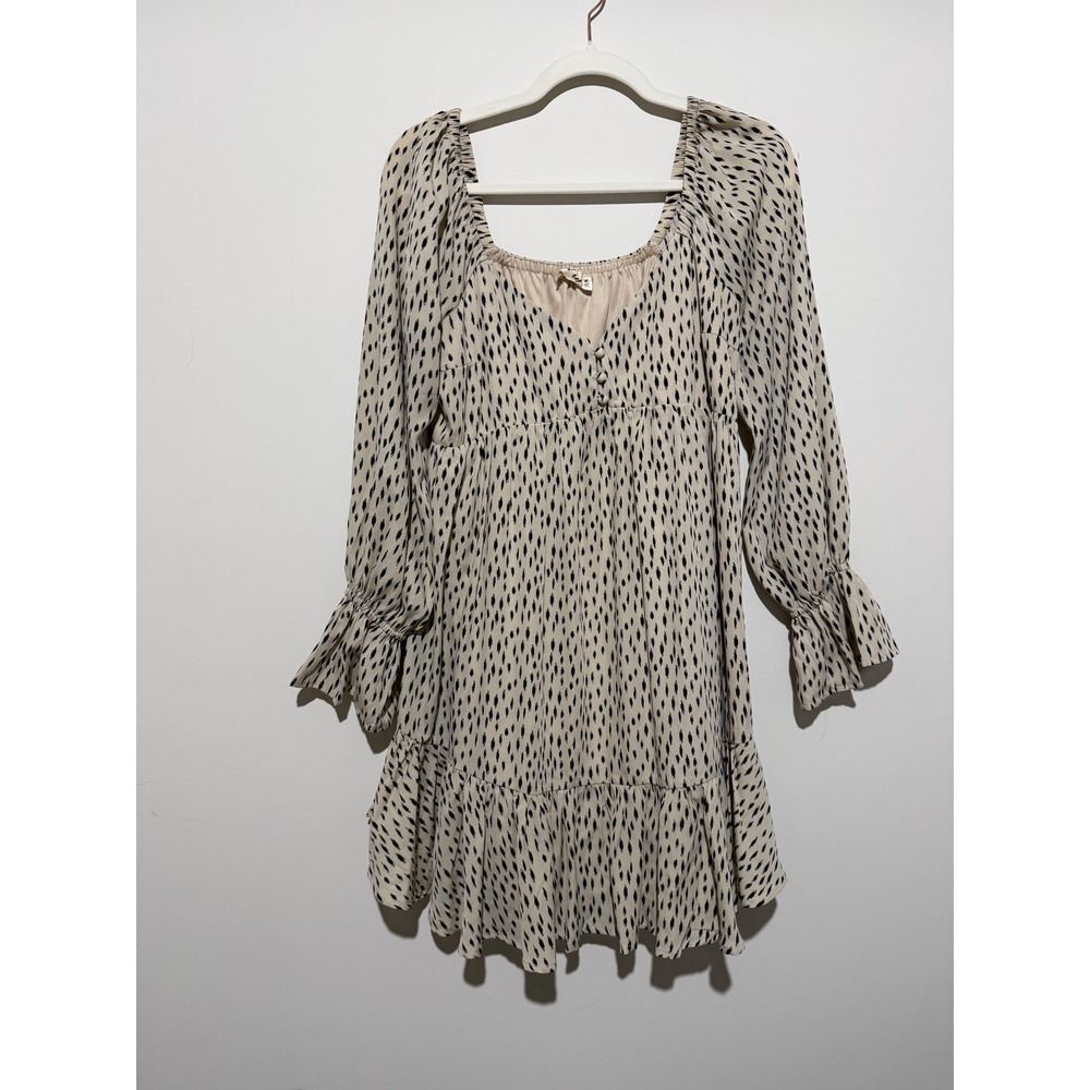 New In Women Cream Black Spotted Empire Waist Ruffle Mini Dress ND30023 Size M